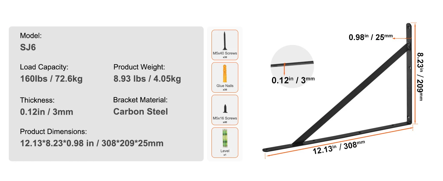 SucceBuy Shelf Bracket 12”x4”x1.6” 6 Pcs Heavy Duty Floating Shelf Brackets Brackets for Shelves 5mm Thick Matte L Shelf Bracket