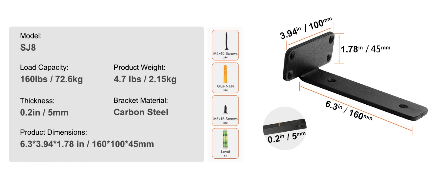 SucceBuy Shelf Bracket 12”x4”x1.6” 6 Pcs Heavy Duty Floating Shelf Brackets Brackets for Shelves 5mm Thick Matte L Shelf Bracket