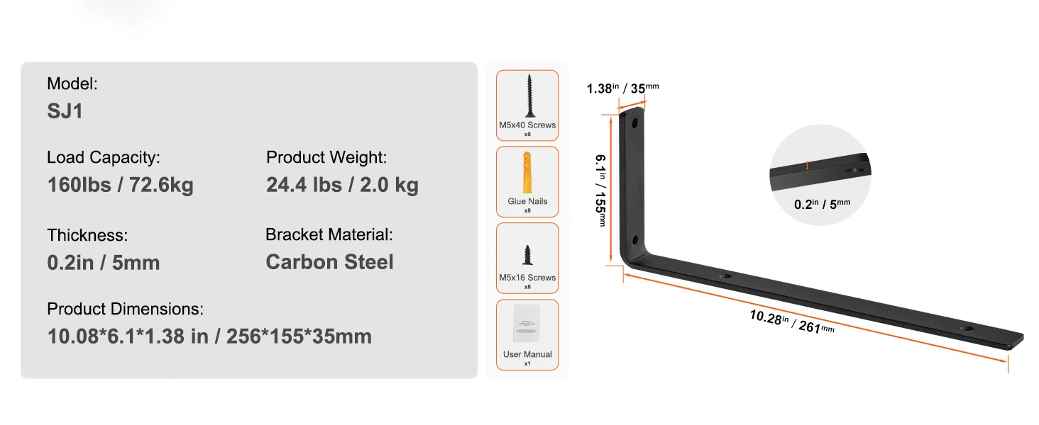 SucceBuy Shelf Bracket 12”x4”x1.6” 6 Pcs Heavy Duty Floating Shelf Brackets Brackets for Shelves 5mm Thick Matte L Shelf Bracket