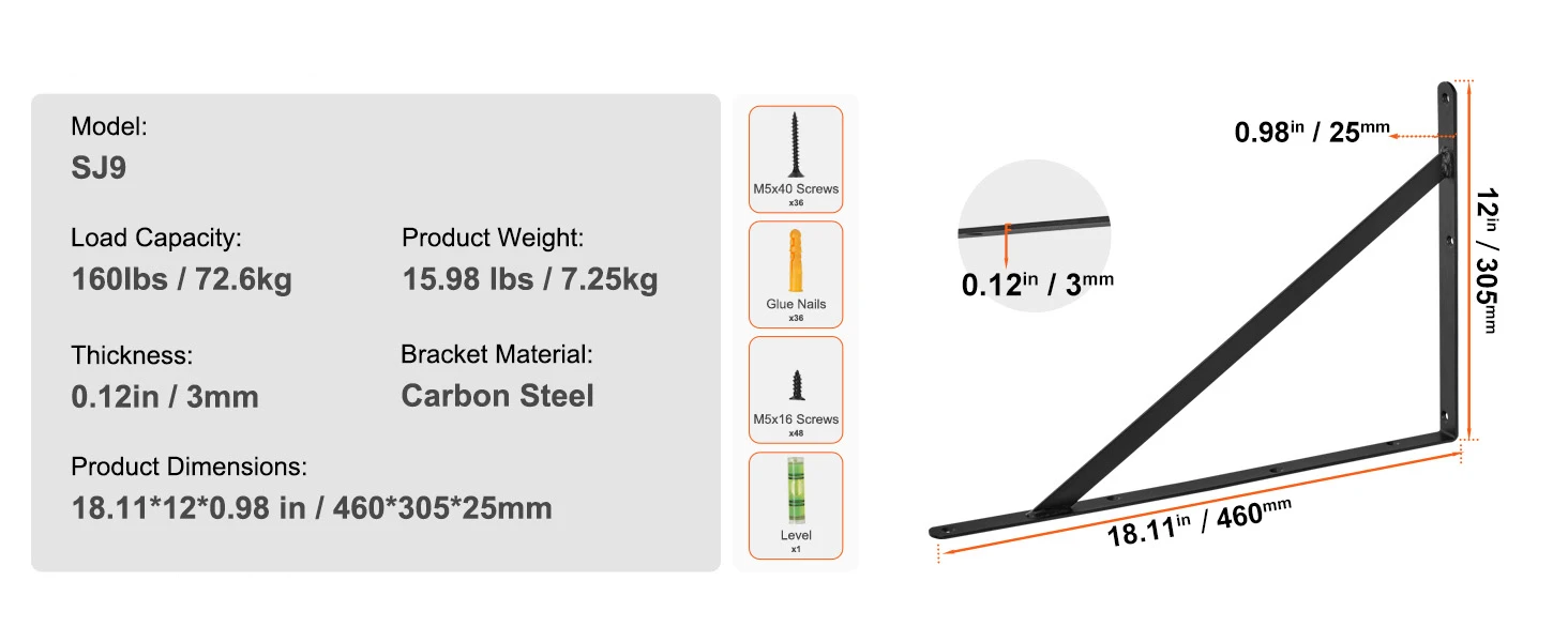 SucceBuy Shelf Bracket 12”x4”x1.6” 6 Pcs Heavy Duty Floating Shelf Brackets Brackets for Shelves 5mm Thick Matte L Shelf Bracket
