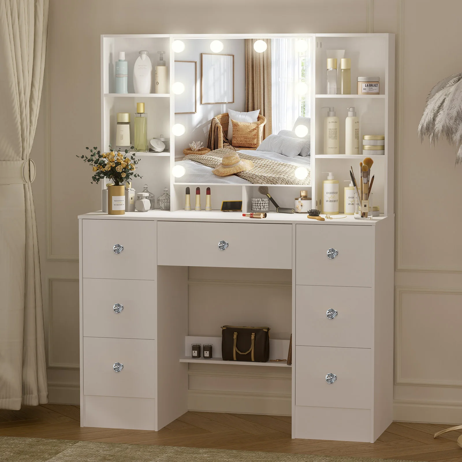 Teousev Modern Hollywood Makeup Vanity Desk with 7 Drawers & 10 Dimmable LED Lights, Large HD Mirror Dressing Table for Bedroom
