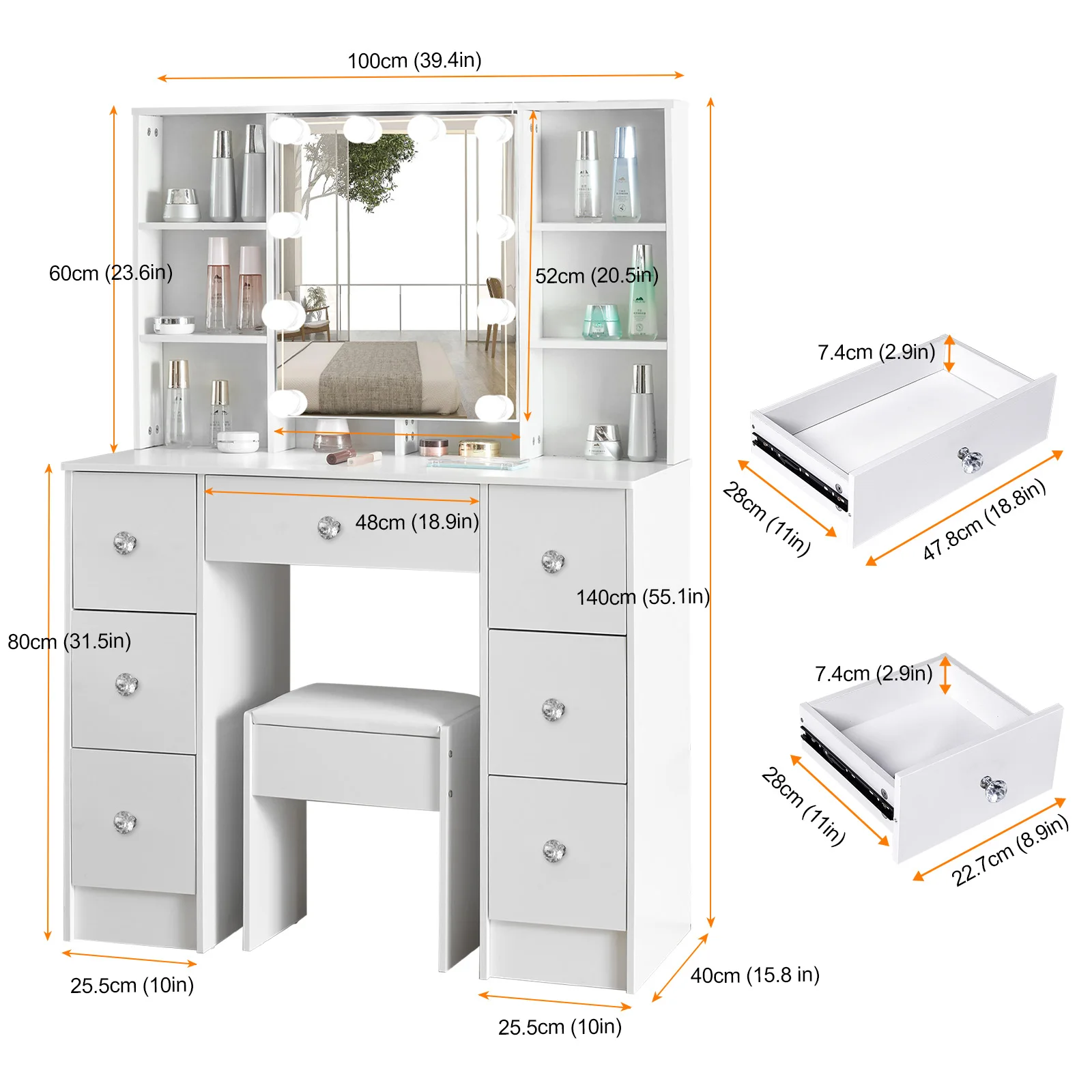 Teousev Modern Hollywood Makeup Vanity Desk with 7 Drawers & 10 Dimmable LED Lights, Large HD Mirror Dressing Table for Bedroom