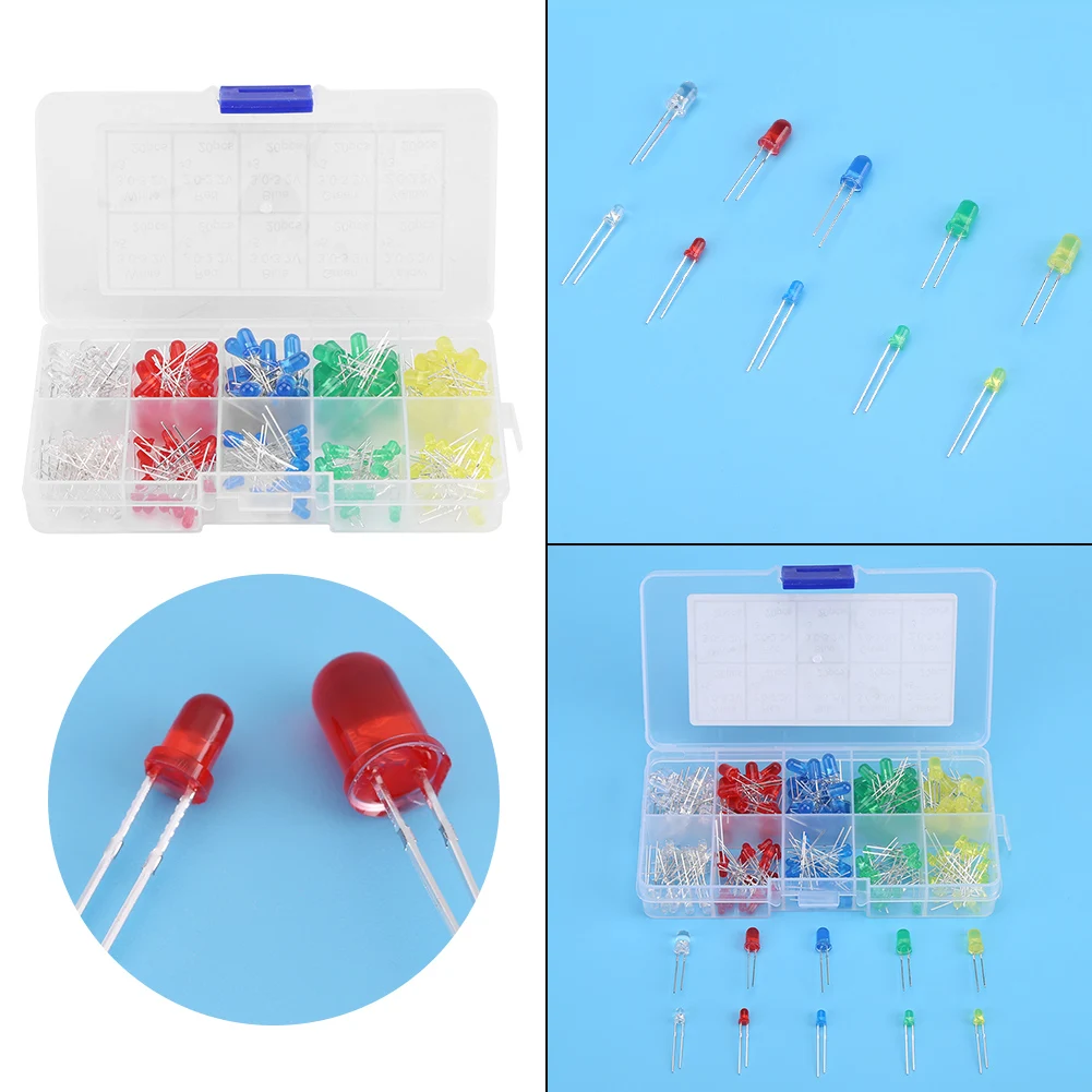 200Pcs 3mm 5mm Red Yellow White Green Blue Assortment Emitting LED Diodes Light Kit Set