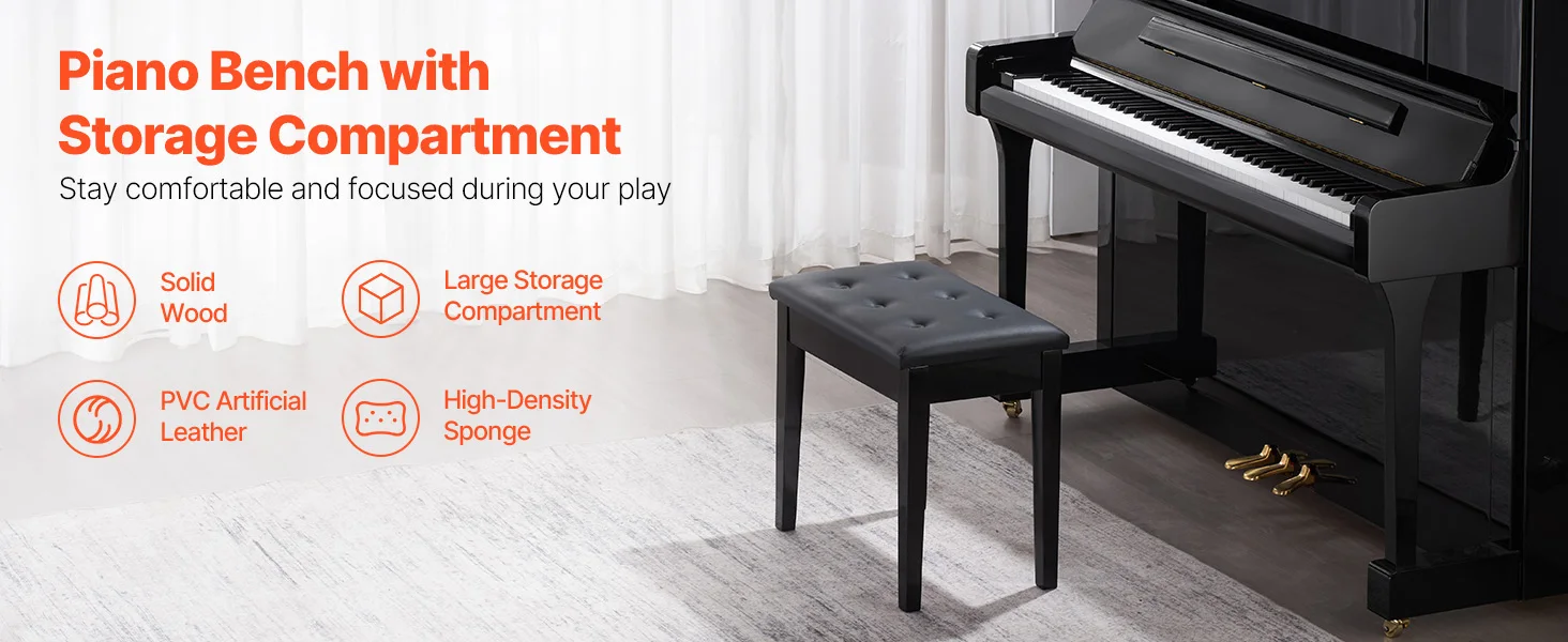 SucceBuy Piano Bench Keyboard Piano Chair w/ High-Density Padded Cushion & Storage Compartment Wooden Piano Bookcase Stool Seat