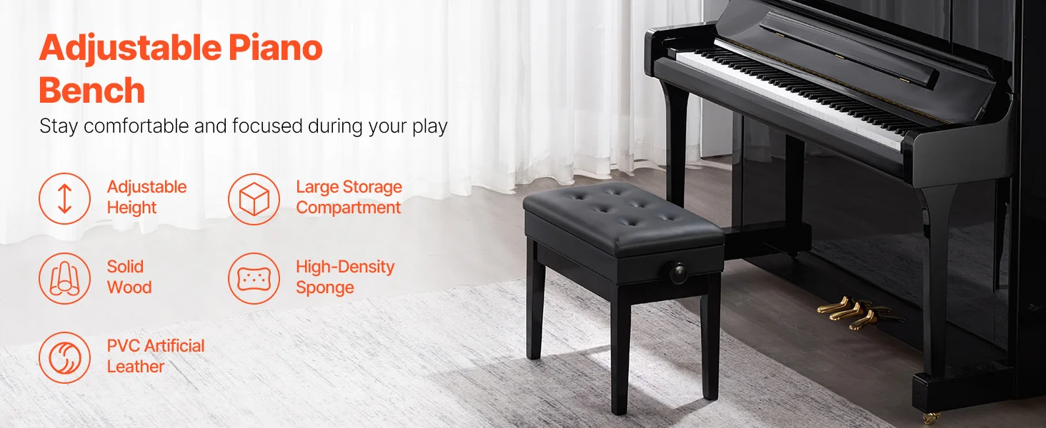 SucceBuy Piano Bench Keyboard Piano Chair w/ High-Density Padded Cushion & Storage Compartment Wooden Piano Bookcase Stool Seat