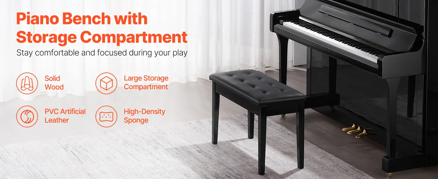 SucceBuy Piano Bench Keyboard Piano Chair w/ High-Density Padded Cushion & Storage Compartment Wooden Piano Bookcase Stool Seat
