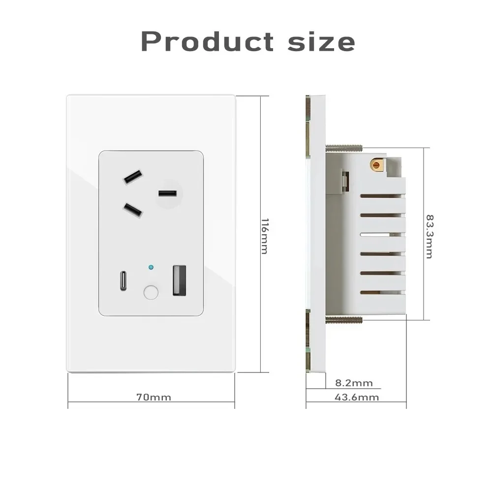 Melery Tuya WiFi Smart AU Plug Outlet Wall Socket Glass Panel USB Type-C PD 30W Fast Charge for Iphone Remote Alexa Google Home