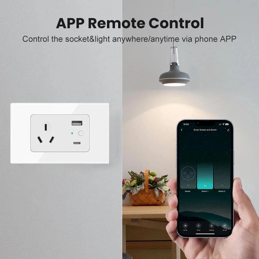 Melery Tuya WiFi Smart AU Plug Outlet Wall Socket Glass Panel USB Type-C PD 30W Fast Charge for Iphone Remote Alexa Google Home