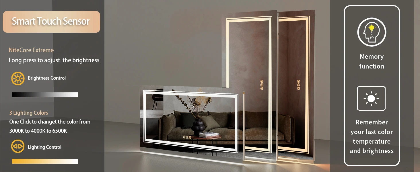 40x24 Inch LED Mirror for Bathroom with Front Light and Backlit 3 Colors Dimmable Memory AntiFog Water Proof Decor Vanity Mirror