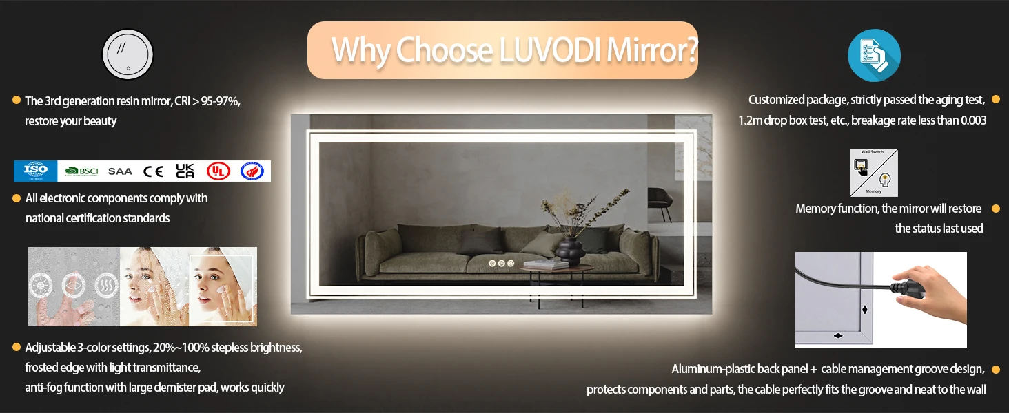 40x24 Inch LED Mirror for Bathroom with Front Light and Backlit 3 Colors Dimmable Memory AntiFog Water Proof Decor Vanity Mirror