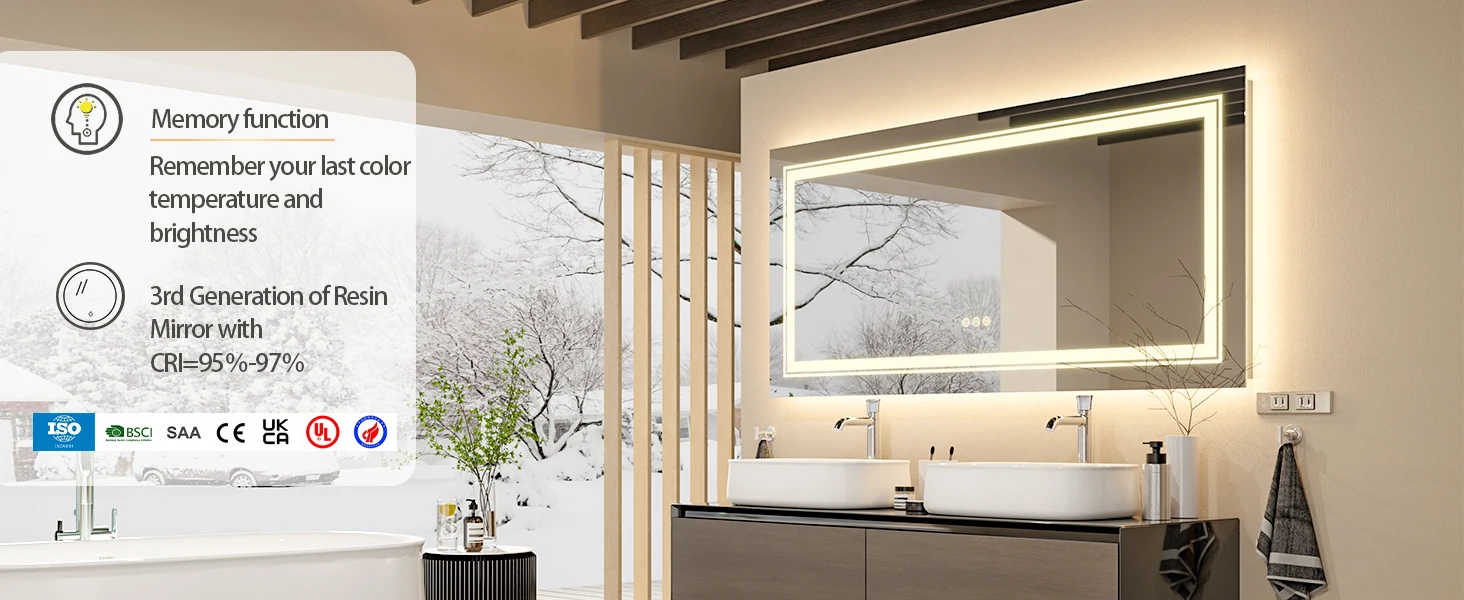 40x24 Inch LED Mirror for Bathroom with Front Light and Backlit 3 Colors Dimmable Memory AntiFog Water Proof Decor Vanity Mirror