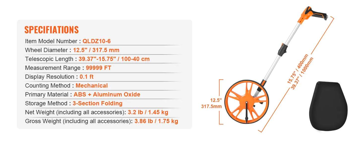 SucceBuy Measuring Wheel Telescoping Measure Wheel Measurement0-9,999m Back Bag Suitable for Lawn/Hard/Wood Road Measuring