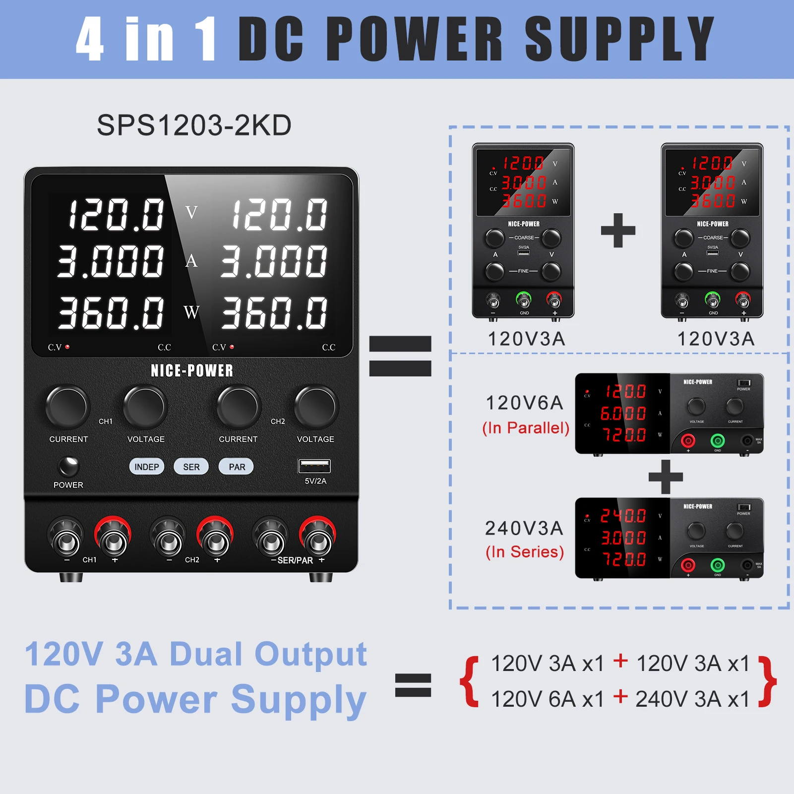 120V 3A 6A Dual Lab Power Supply Adjustable 4 in 1 Digital Bench Power Source 30V10A Stable Output 0-240V For Titanium Anodizing