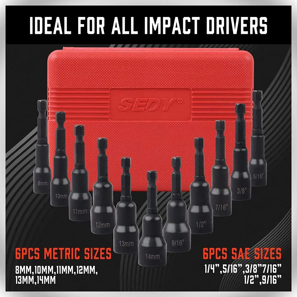 HORUSDY 12Pc Magnetic Nut Driver Set Metric & Imperial Socket Drill Bit Adaptor 1/4" Hex