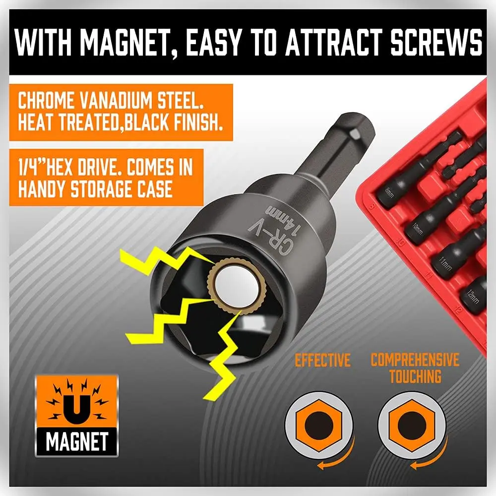 HORUSDY 12Pc Magnetic Nut Driver Set Metric & Imperial Socket Drill Bit Adaptor 1/4" Hex