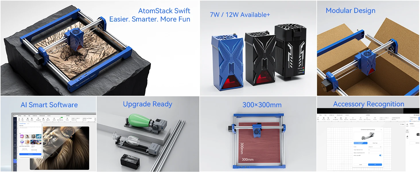 ATOMSTACK SWIFT Portable Laser Engraving Machine 12W 7W Laser Engraver Wood working Tools Diy Dog tags Acrylic Metal 300*300mm