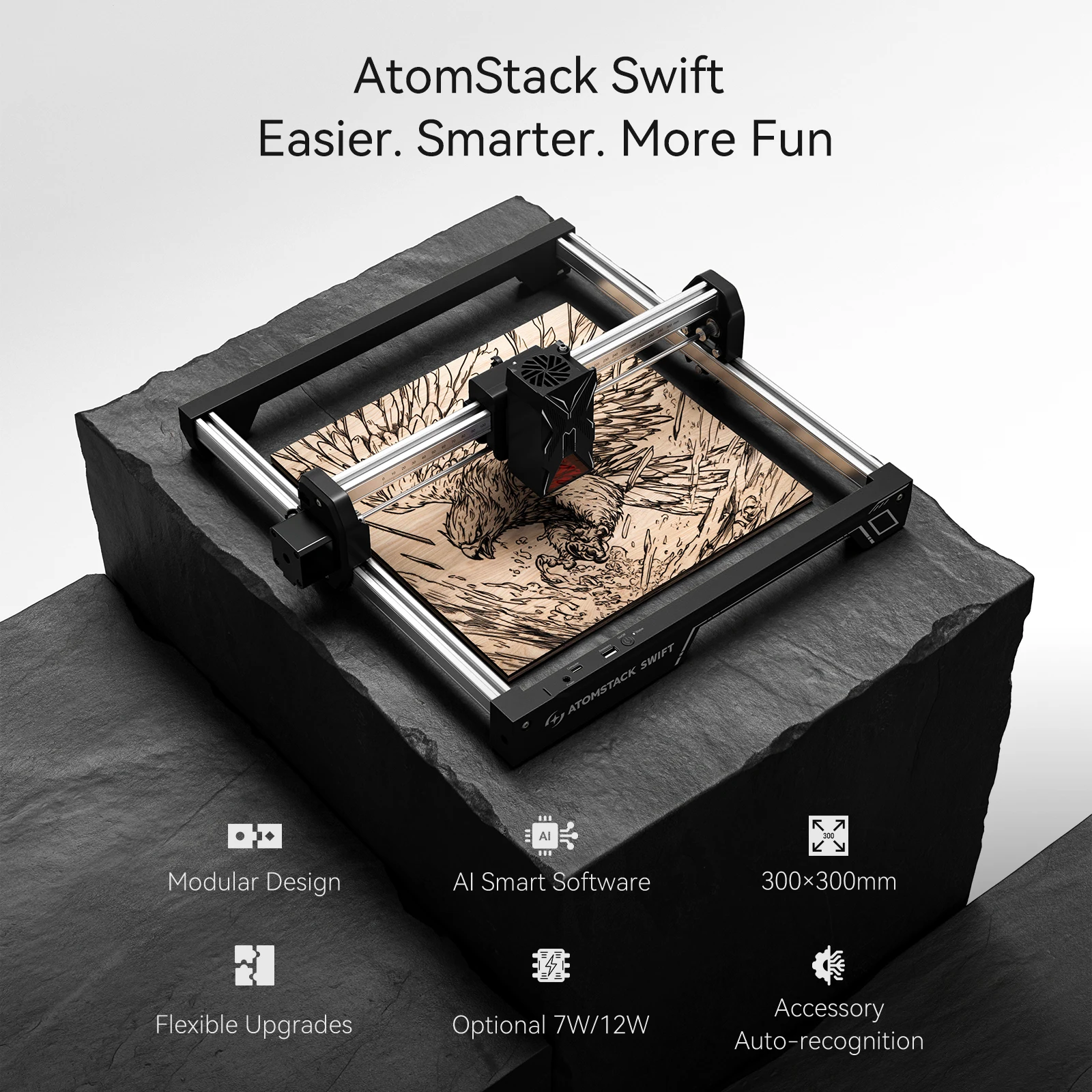 ATOMSTACK SWIFT Portable Laser Engraving Machine 12W 7W Laser Engraver Wood working Tools Diy Dog tags Acrylic Metal 300*300mm