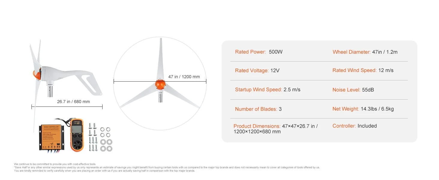 SucceBuy 500 W Wind Turbine Generator w/Anemometer 12V Wind Turbine Kit 3-Blade Wind Power Generator MPPT Controller for Homeuse
