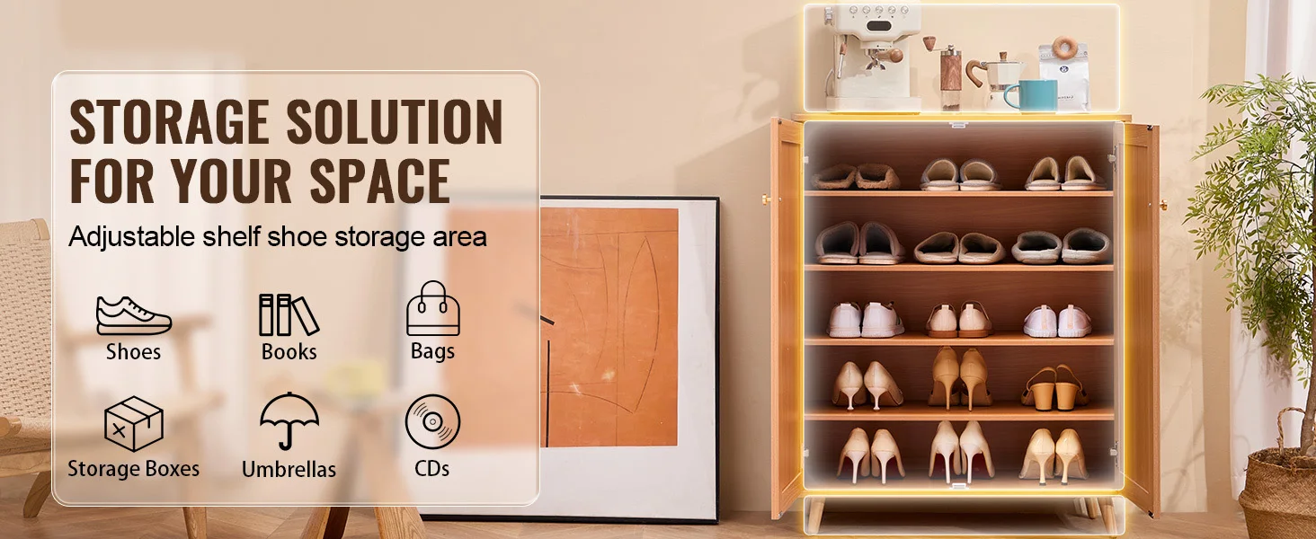 SucceBuy 5Tiers 2Door 40.35" Tall and Adjustable Shelves Rattan Shoe Storage Entryway Cabinet Ideal for Entryway Closet Hallway