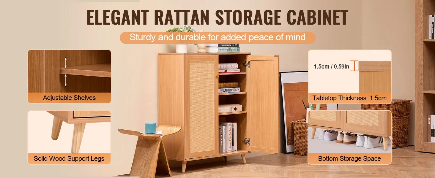 SucceBuy 5Tiers 2Door 40.35" Tall and Adjustable Shelves Rattan Shoe Storage Entryway Cabinet Ideal for Entryway Closet Hallway