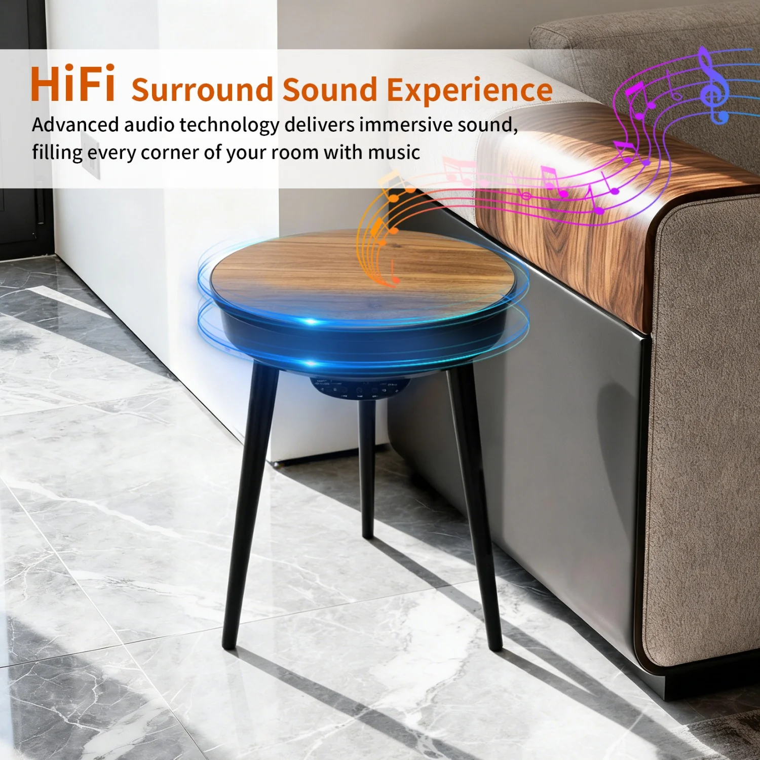 Smart End Table with Bluetooth Speakers and USB Port Round Side Table LED Nightstand for Outdoor Camping Living Room