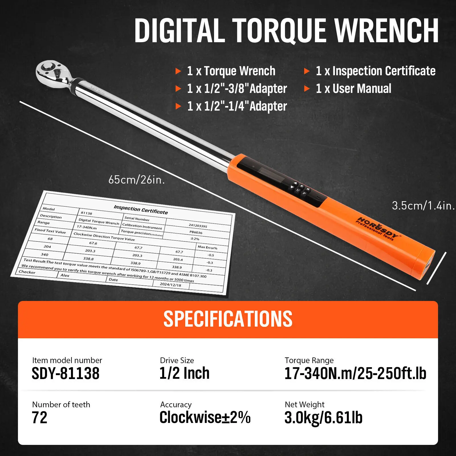 HORUSDY 1/2" Drive Digital Torque Wrench, 25-250Ft.lb / 34-340N.m 2% Accuracy LED Display with Socket Adaptors DIY & Home Repair