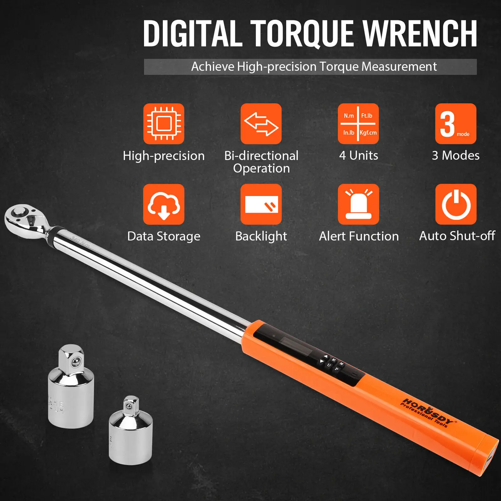 HORUSDY 1/2" Drive Digital Torque Wrench, 25-250Ft.lb / 34-340N.m 2% Accuracy LED Display with Socket Adaptors DIY & Home Repair