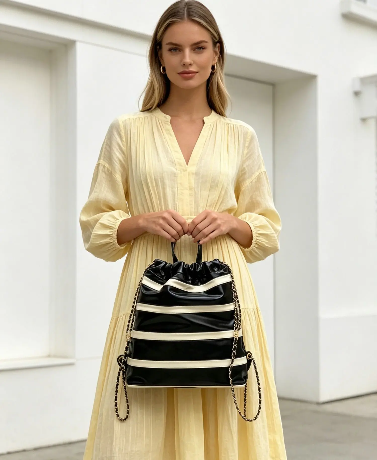 Striped Drawstring Backpack Leather Material Personalized Text Logo Bag Foldable Portable For Travel School