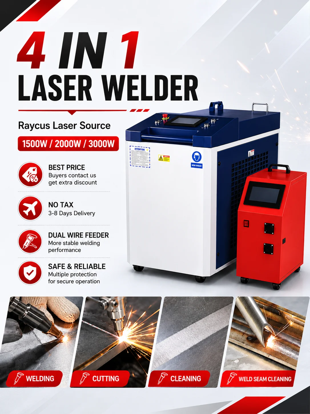 Raycus 3000W 4 IN 1 Fiber Laser Welding Machine Handheld Laser Welder 1.5KW 2KW 3KW Cleaning Cutting Weld Seam Cleaning for Metal Stainless Steel Aluminum Water Cooling With Dual Wire Feeder
