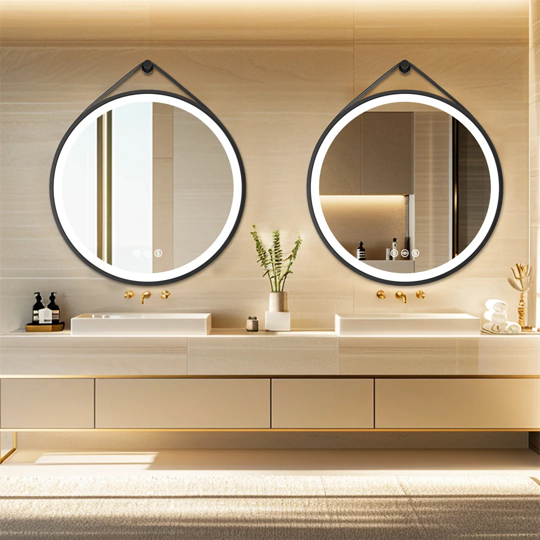 LUVODI 32" Large Round Black Framed Bathroom Mirror With Touch Sensor Smart Lighted Vanity Mirror with LED Lights