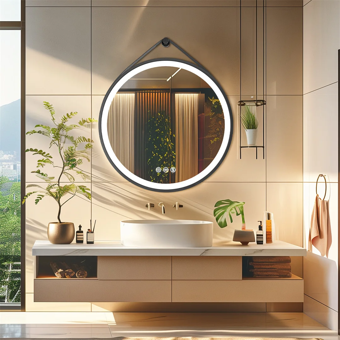 LUVODI 32" Large Round Black Framed Bathroom Mirror With Touch Sensor Smart Lighted Vanity Mirror with LED Lights