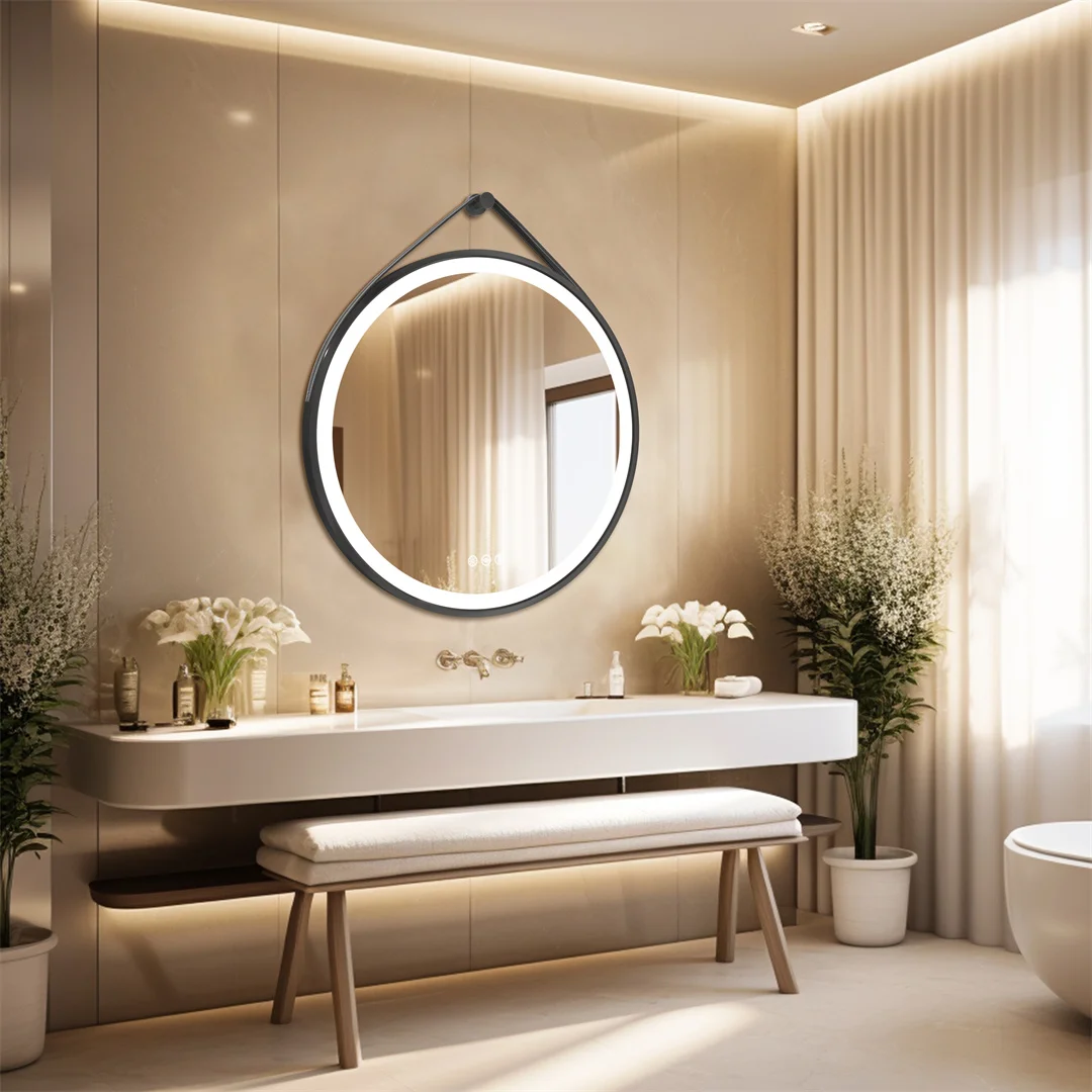 LUVODI 32" Large Round Black Framed Bathroom Mirror With Touch Sensor Smart Lighted Vanity Mirror with LED Lights