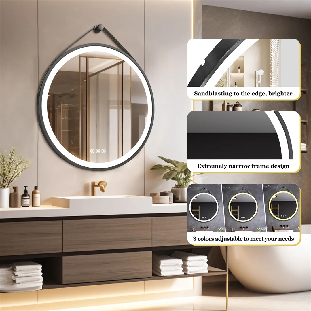 LUVODI 32" Large Round Black Framed Bathroom Mirror With Touch Sensor Smart Lighted Vanity Mirror with LED Lights