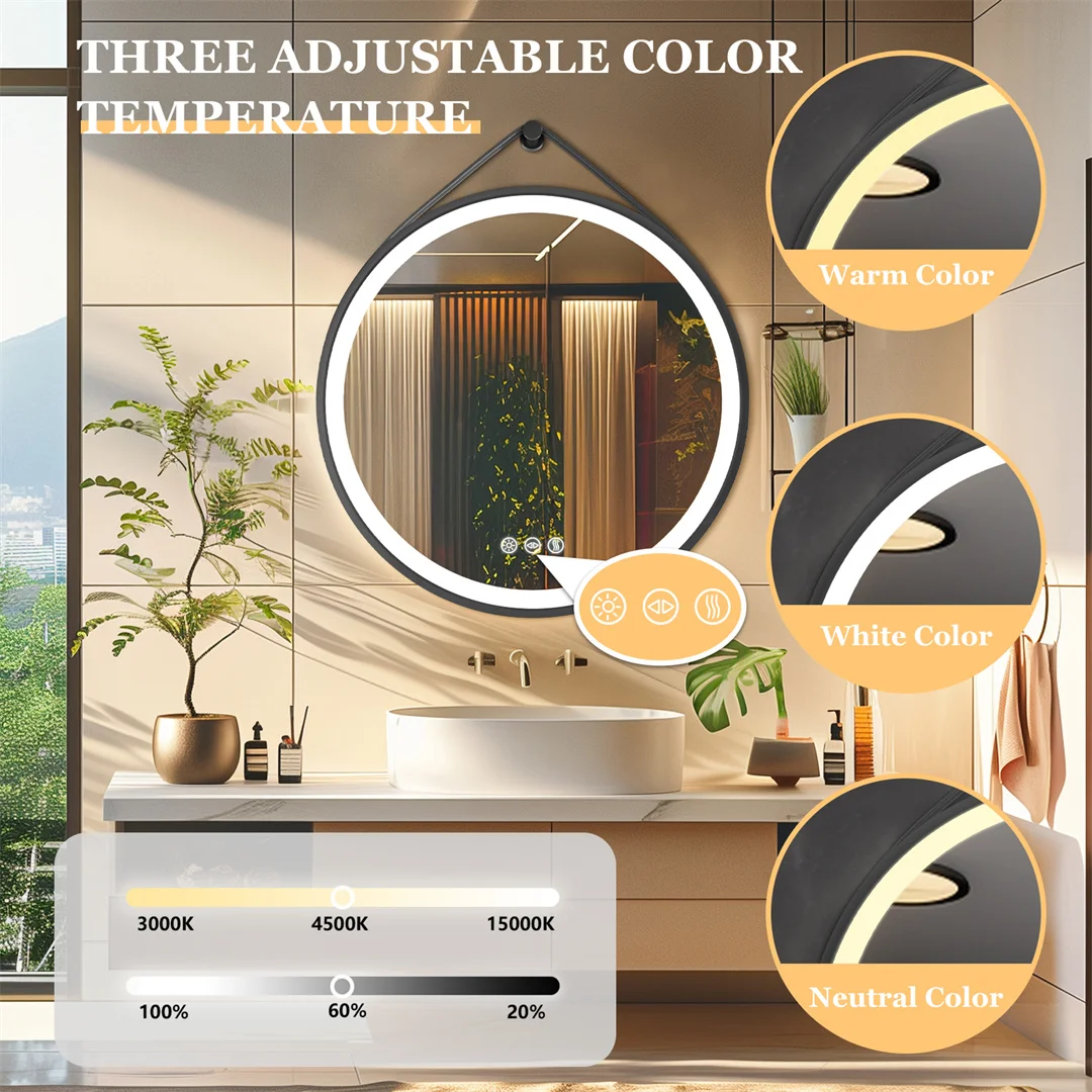 LUVODI 32" Large Round Black Framed Bathroom Mirror With Touch Sensor Smart Lighted Vanity Mirror with LED Lights