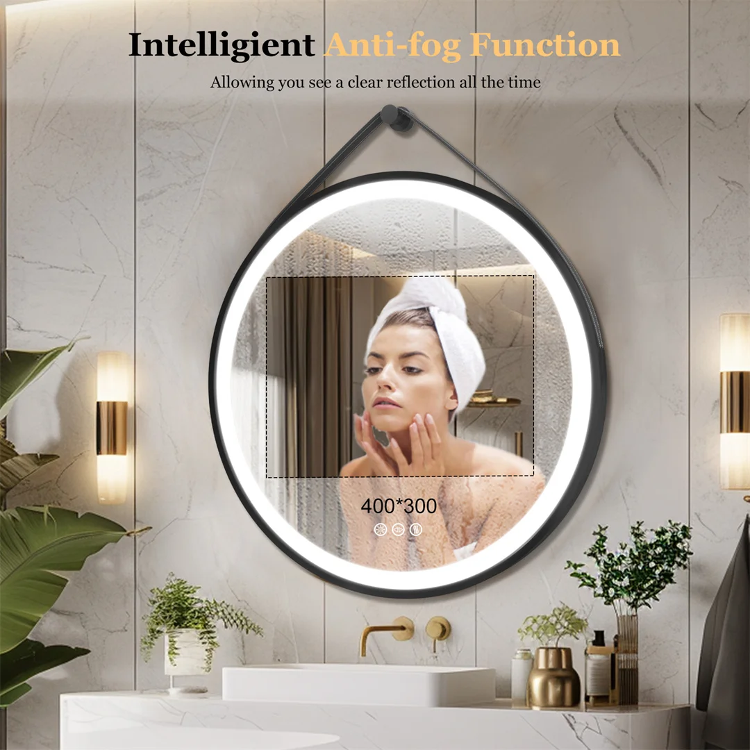 LUVODI 32" Large Round Black Framed Bathroom Mirror With Touch Sensor Smart Lighted Vanity Mirror with LED Lights