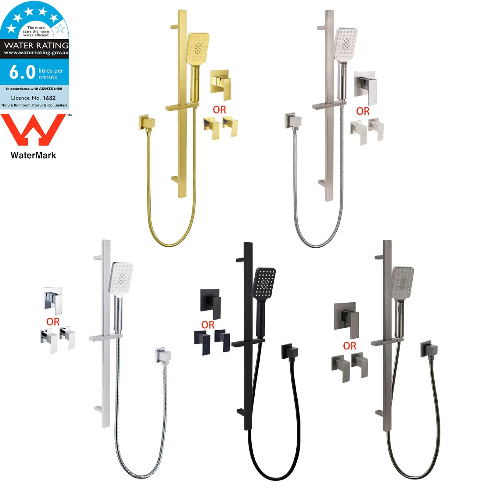 **Sydney Stock** KYLINS Brushed Gold Gun Metal Chrome Black Hand Held Shower Head Set Sliding Rail Mixer Taps WELS WATERMARK