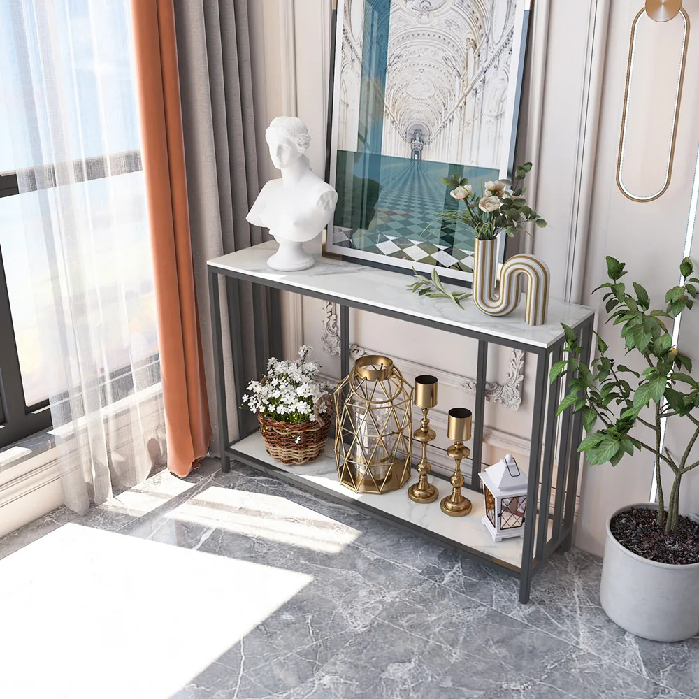 Long-Style 47.2 Inch Console Entryway Table with Metal Black Frame 2 Tiers Sofa Storage Display Table for Hallway Living Room