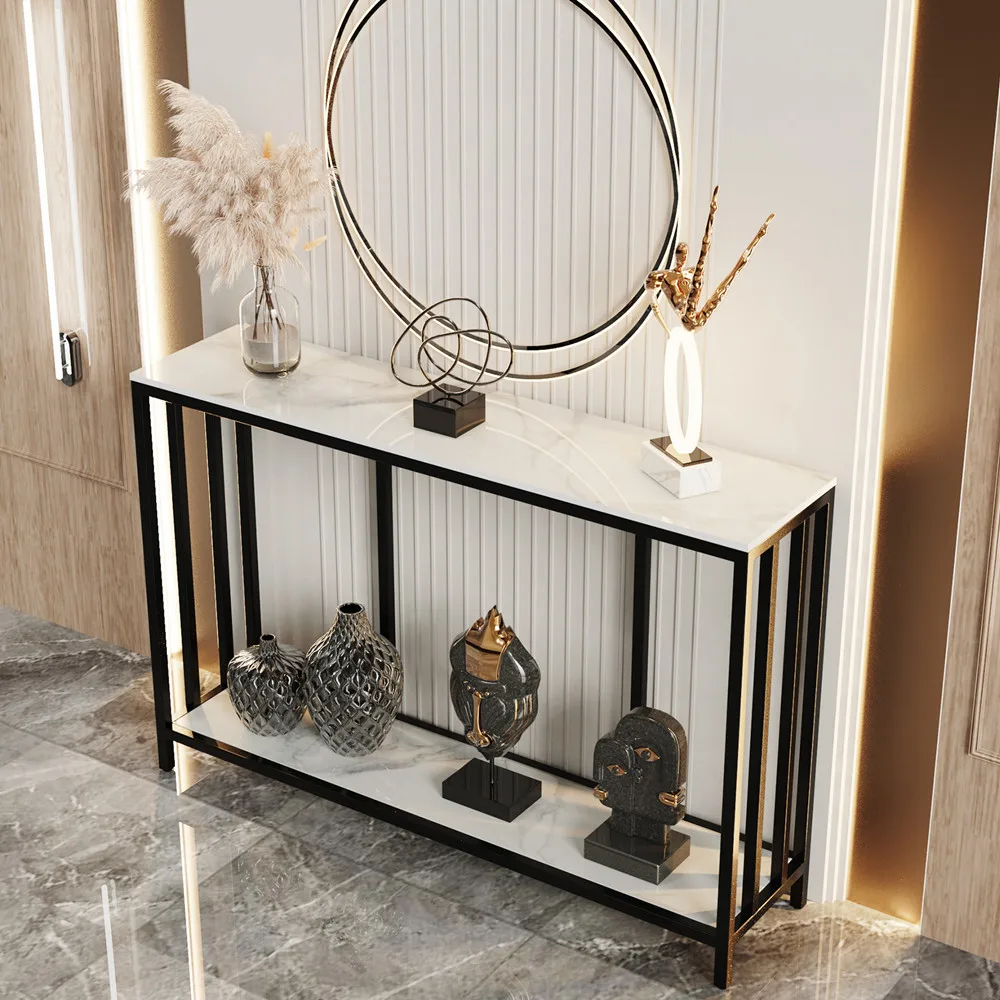 Long-Style 47.2 Inch Console Entryway Table with Metal Black Frame 2 Tiers Sofa Storage Display Table for Hallway Living Room