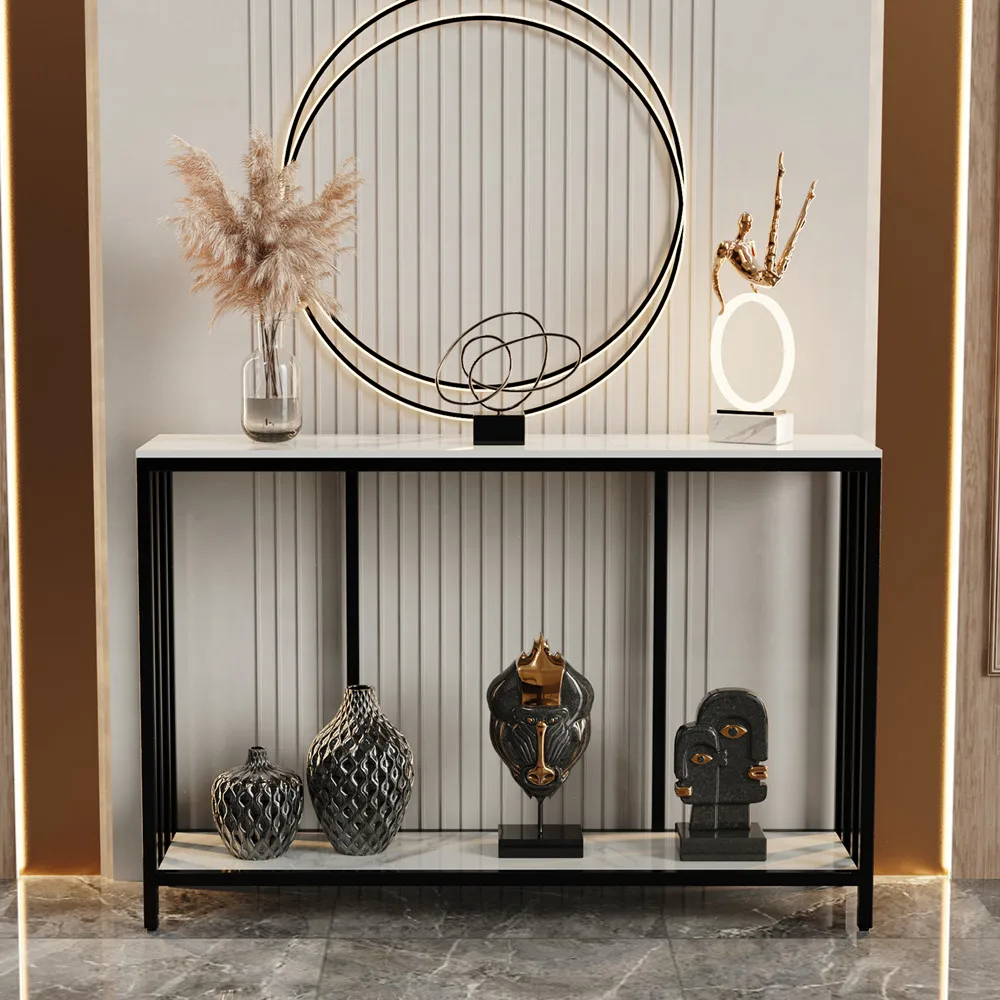 Long-Style 47.2 Inch Console Entryway Table with Metal Black Frame 2 Tiers Sofa Storage Display Table for Hallway Living Room
