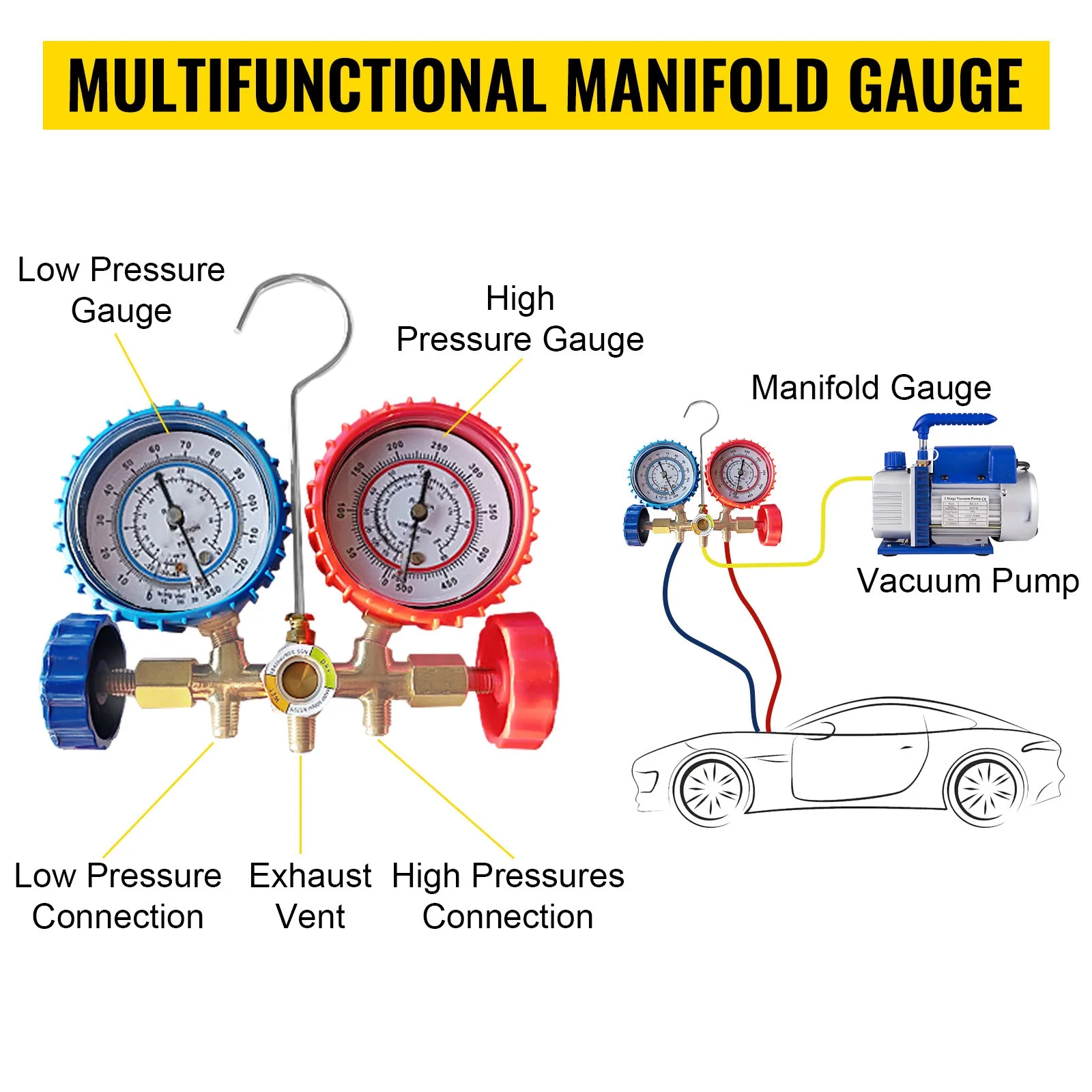 SucceBuy Vacuum Pump 4CFM 1/4HP HVAC A/C Air Refrigerant Rotary Vane Vacuum Pump 1-Stage 1 Valve AC Manifold Gauge R134a Set