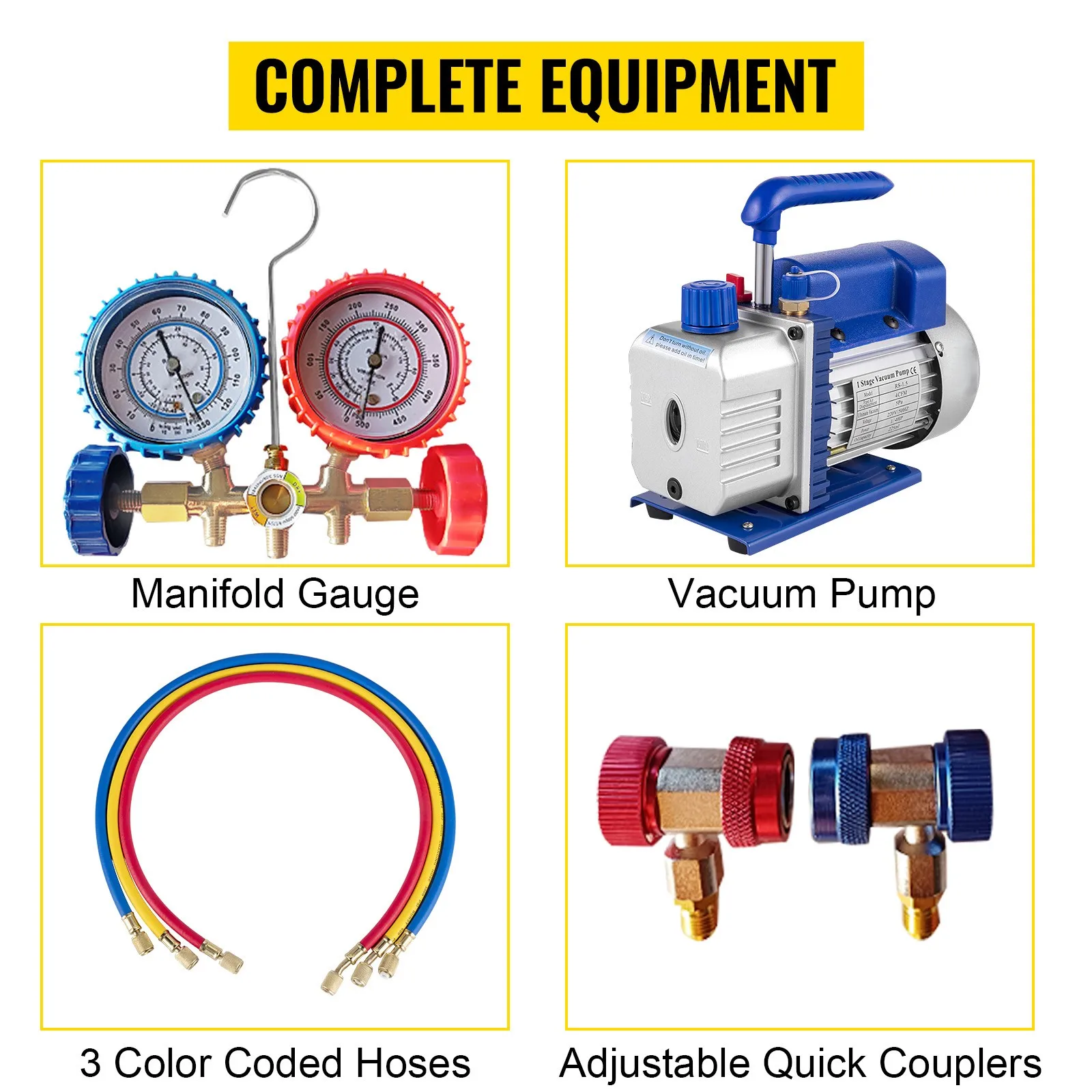 SucceBuy Vacuum Pump 4CFM 1/4HP HVAC A/C Air Refrigerant Rotary Vane Vacuum Pump 1-Stage 1 Valve AC Manifold Gauge R134a Set