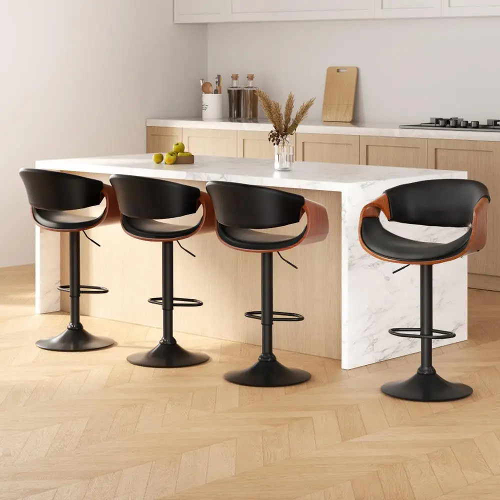 4 Pack Adjustable Gas Lift Leather Bar Stools with Armrests Modern Swivel Counter Height Chairs