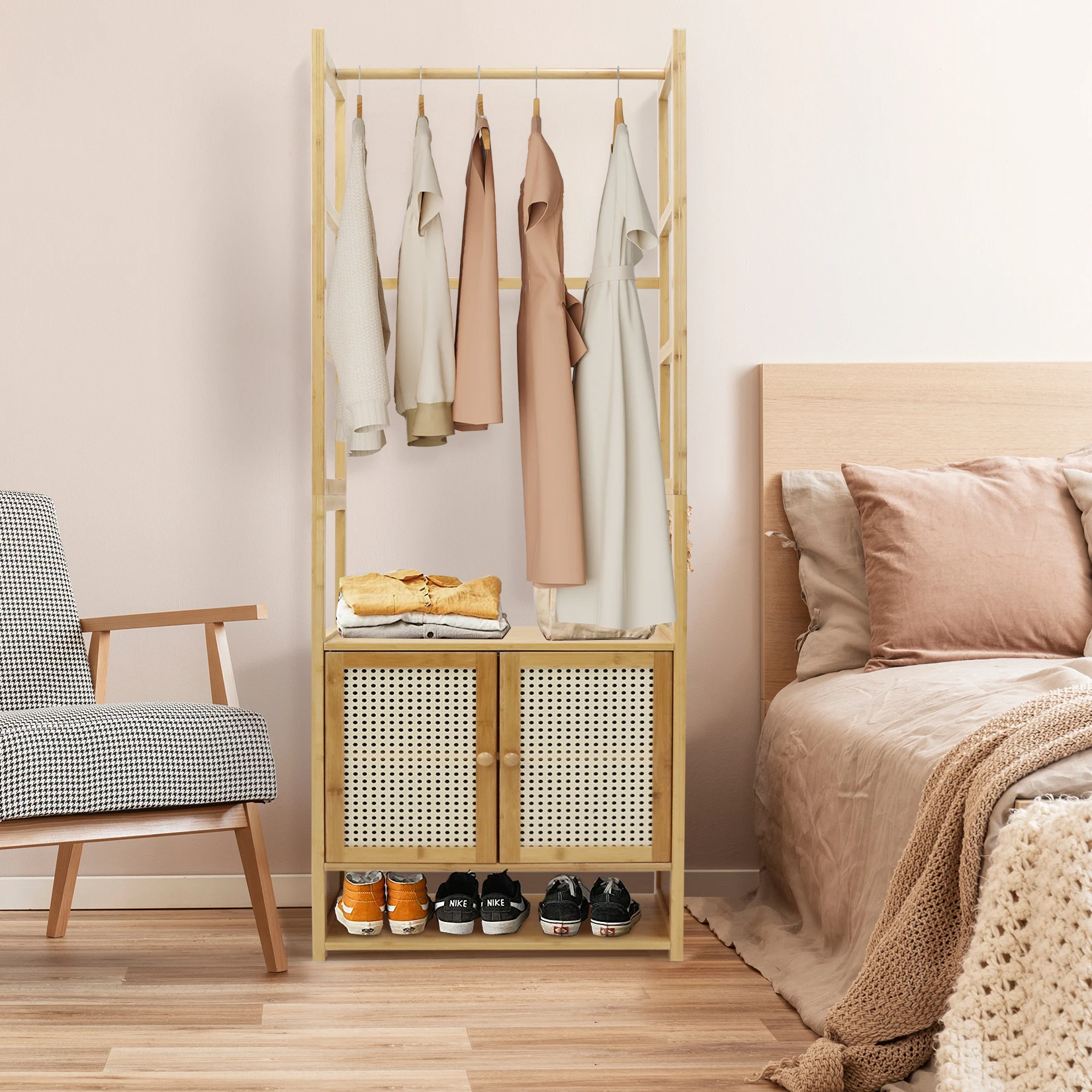 Clothes Stand with Cabinet Free-standing Bamboo Open Garment Rack with Storage Shelves Hanging Clothes Rack for Living Room