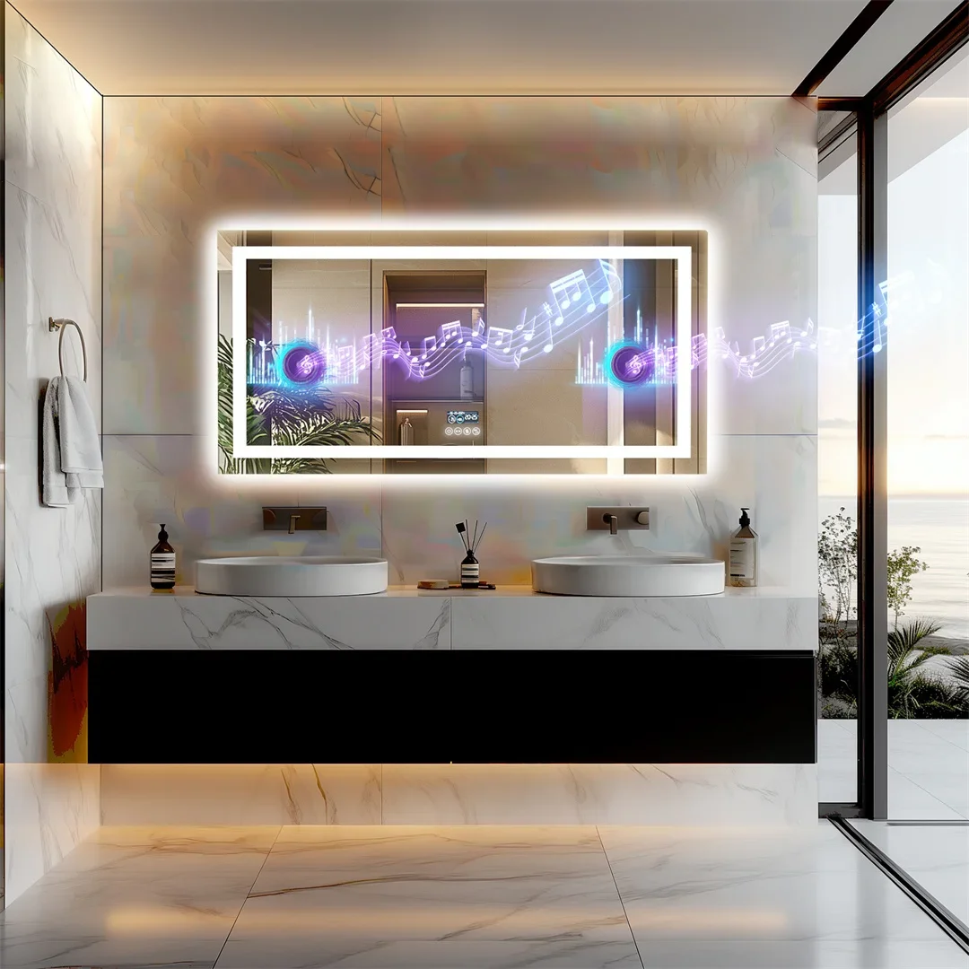 Large LED Bathroom Mirror with Bluetooth Speaker, Anti-Fog, 3 Color Temperature, Dimmable, Illuminated Vanity Mirror, Rectangle