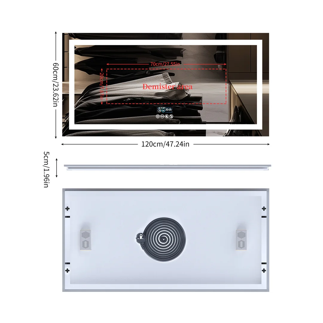 Large LED Bathroom Mirror with Bluetooth Speaker, Anti-Fog, 3 Color Temperature, Dimmable, Illuminated Vanity Mirror, Rectangle