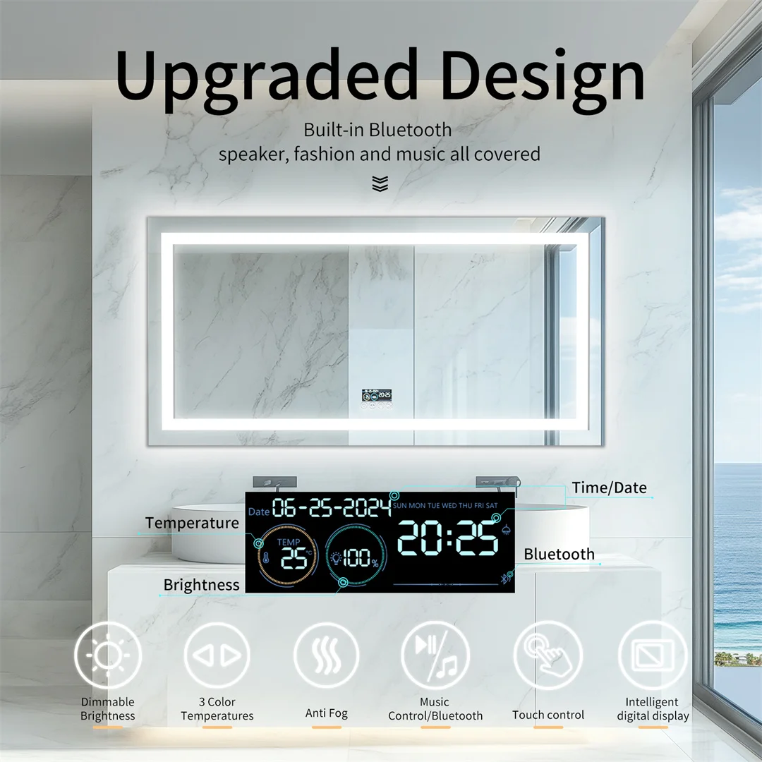 Large LED Bathroom Mirror with Bluetooth Speaker, Anti-Fog, 3 Color Temperature, Dimmable, Illuminated Vanity Mirror, Rectangle