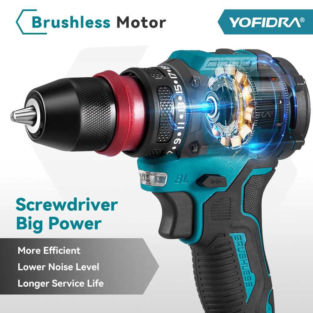 YOFIDRA 10mm 24 Gears Brushless Electric Screwdriver Drill Cordless Efficient Impact Drill Power Tool For Makita 21V Battery Pin