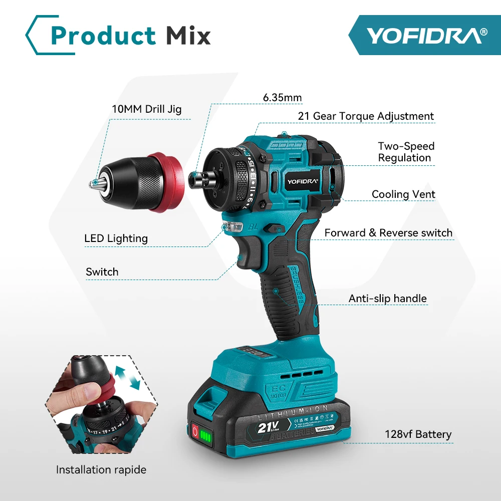 YOFIDRA 10mm 24 Gears Brushless Electric Screwdriver Drill Cordless Efficient Impact Drill Power Tool For Makita 21V Battery Pin