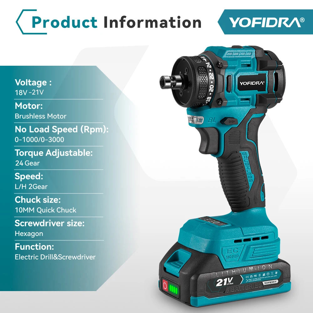 YOFIDRA 10mm 24 Gears Brushless Electric Screwdriver Drill Cordless Efficient Impact Drill Power Tool For Makita 21V Battery Pin