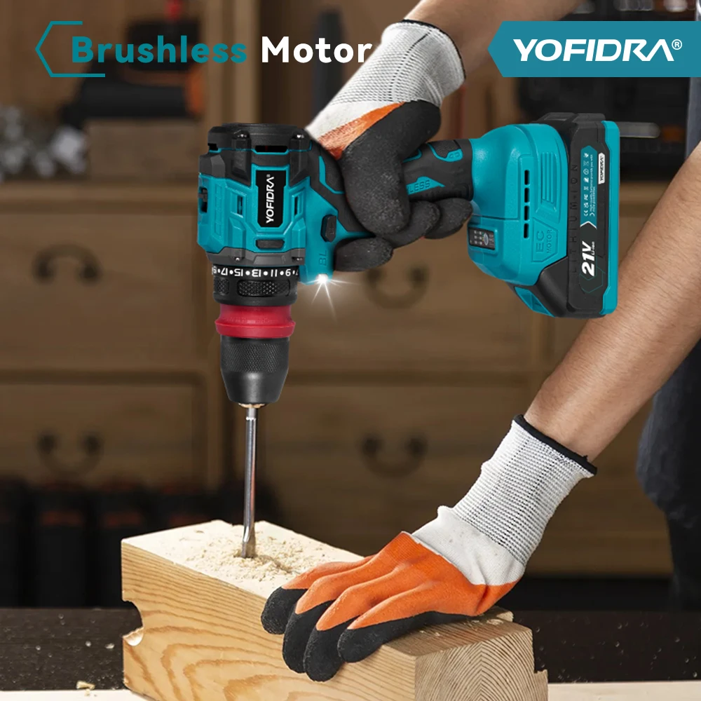 YOFIDRA 10mm 24 Gears Brushless Electric Screwdriver Drill Cordless Efficient Impact Drill Power Tool For Makita 21V Battery Pin